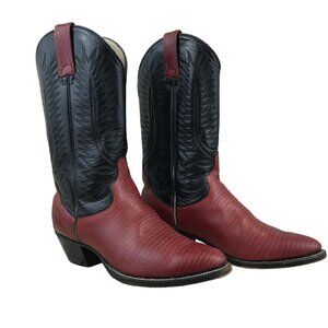 LJ Simone Size 8.5 Red Black Leather Cowboy Boots Point Toe Block Heel Mexico